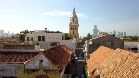 Street in Old Town of Cartagena, Colombia revealing Skyline, Drone Shot 4K Stock Footage