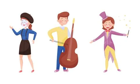 Street Performance with Man Artist Playing Cello and Woman Magician Making Magic Stock Illustration