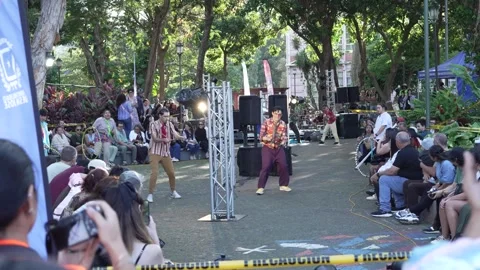 Street Performers Juggling Devil Sticks for Audience in Public Park Stock Footage 332314140