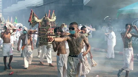 Street Procession fireworks inside procession Stock Footage 141720264