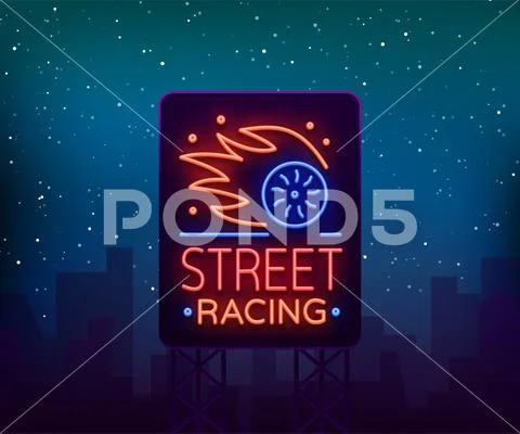 Street racing billboard logo emblem template vector logo in neon style. A Stock Illustration