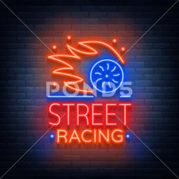 Street racing logo emblem template vector logo in neon style. A glowing sign on Stock Illustration