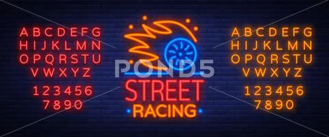 Street racing logo emblem template vector logo in neon style. A glowing sign on Stock Illustration