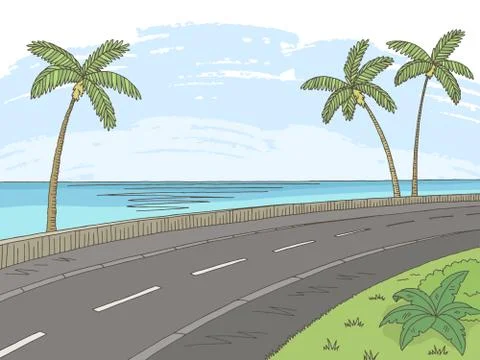 Street road graphic palm tree color sea landscape sketch illustration vector  Stock Illustration