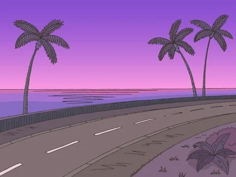 Street road sunset graphic palm tree color sea landscape sketch illustration vec Stock Illustration