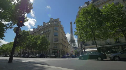 Street scene in Paris with Eiffel Tower, France, 4k Stock Footage 43710439