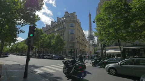 Street scene in Paris with Eiffel Tower, France, 4k Stock Footage 43711981