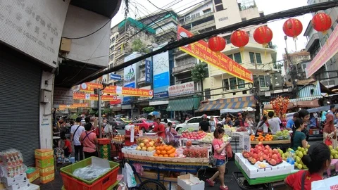 Street scenes along Yaowarat Road in the historic Chinatown district Stock Footage