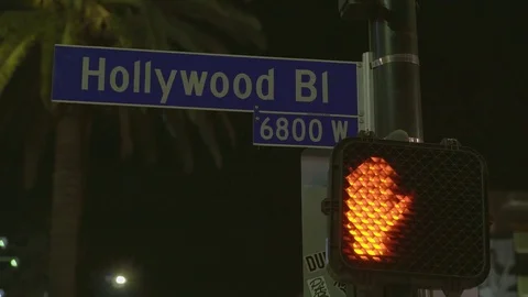 Street sign Hollywood Boulevard in Los Angeles - night view Stock Footage