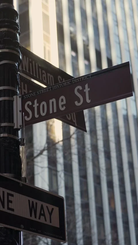 A street sign located at the intersection of Stone Street in a vibrant urban Video stock 303872086