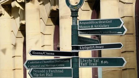 Street sign with pointers in different directions to place if interest in Brecon Stock Photos