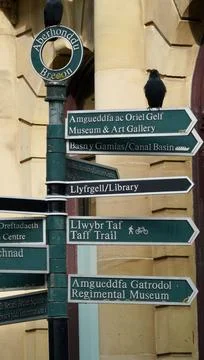 Street sign with pointers in different directions to place if interest in Brecon Foto stock