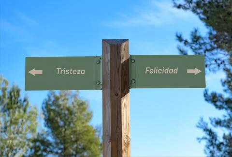 Street sign pointing opposite directions for "Tristeza" and "Felicidad" Stock Photos