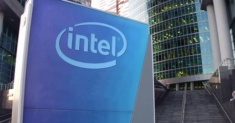 Street signage board with Intel Corporation logo. Modern office center Stock Footage