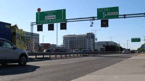 Street signs at E4 highway. Stock Footage 245079392
