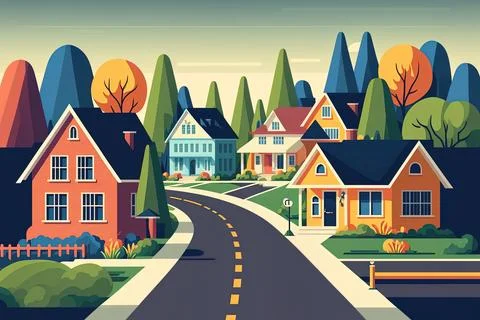 A street in a small town or in the countryside, a suburban neighborhood with a Stock Illustration