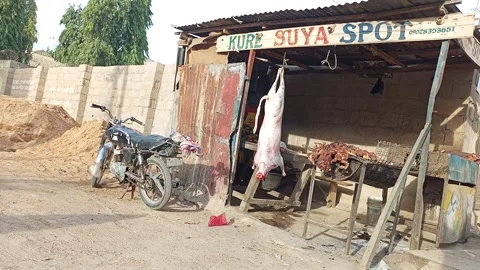 Street Suya Stall With Ram Carcass And Roasting Meat Kano Nigeria Vídeo Stock 330598853