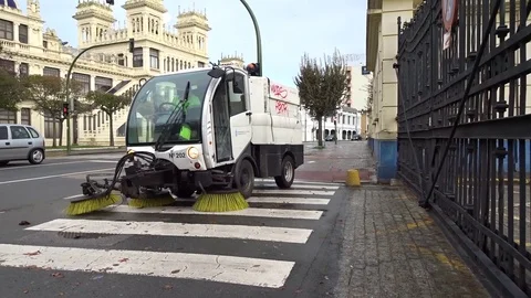 Street sweeper clearing streets in Coruna Spain Stock Footage 120180512