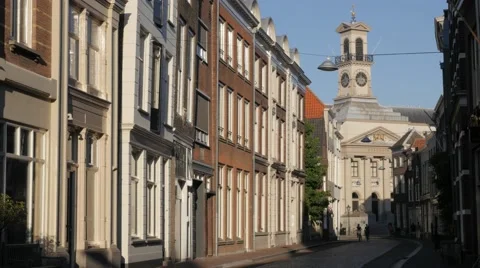 Street towards city hall in old town,Dordrecht,Netherlands Stock Footage