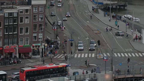 Street traffic in Amsterdam - aerial view in the evening Stock Footage