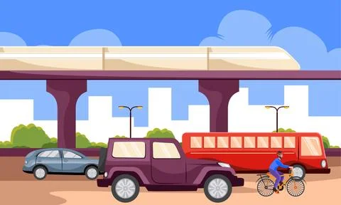 Street with vehicles under metro elevator Ilustración de archivo