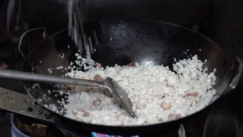 Street Vendor's Chef Adding Seasons Ingredients On His Fried Rice Stock Footage 132197408