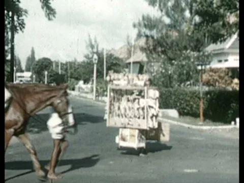 Street vendors sell an array of exotic toys in the colonial days of Java,ƒ 스톡 동영상 75313492