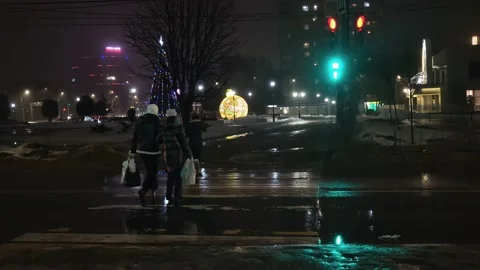 Street view after snowfall illumination Stock Footage 227923364