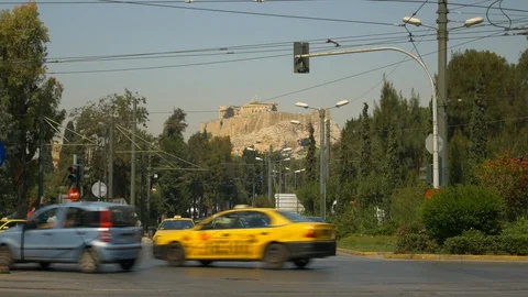 Street view from Athens background with the Acropolis Stock Footage 128674501