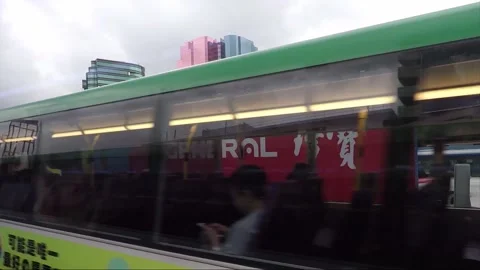 Street View from Bus Window, Bus Stop, Skyscrapers, Kowloon, Hong Kong Видео 344408828