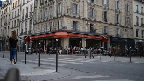Street view with a cafe in Paris Stock Footage 127273702