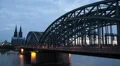 Street View Cologne Cathedral Hohenzollern Bridge Rhine River Dusk Light Night HD Footage
