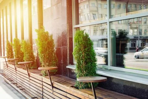 Street view on empty chairs of coffee terrace Stock Photos