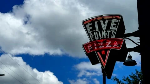 Street View Of Five Points Pizza Sign In Nashville, Tennessee. Blue Sky And Video stock 312986759