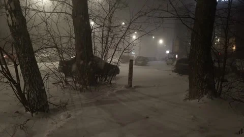 Street view front backyard of the building snowfall Stock Footage 256989914