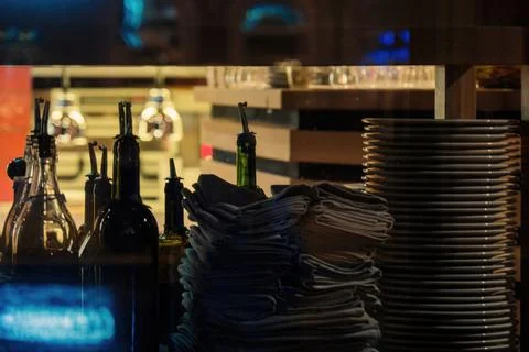 Street view of the interior of the kitchen of closed restaurant. Stock Photos
