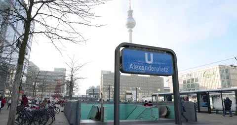Street view of the large public square Alexanderplatz with Urania World Clock Stock Footage 237909024