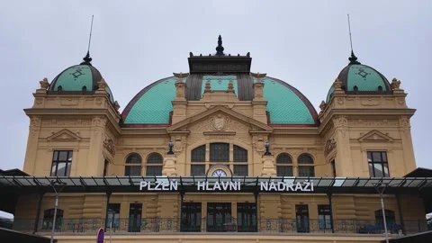 Street view of the main train station in the old town of Pilsen Stock Footage 301632993
