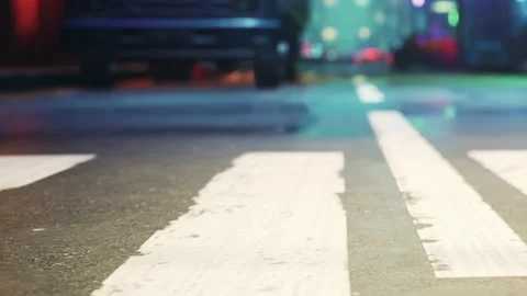 Street view with painted lines at night in a city Stock Footage 344553141