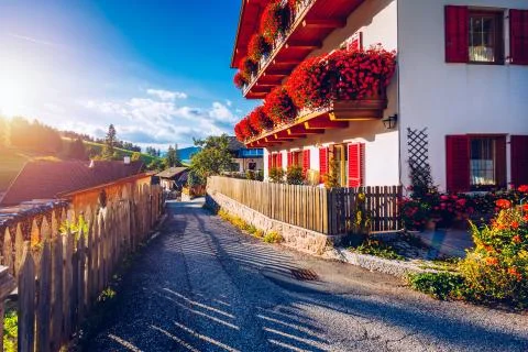 Street view of Santa Maddalena (Santa Magdalena) village, Val di Funes valley Stock Photos