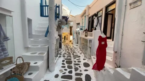 Street view with shops in famous Greek island of Mykonos in Greece, Europe Stock Footage