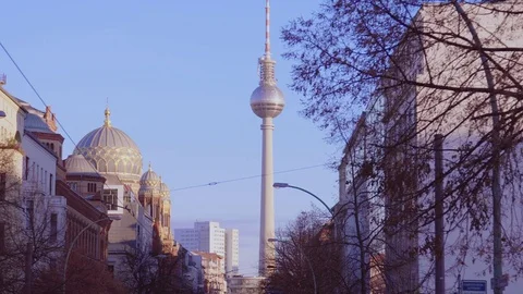 Street view of the synagogue and the Berlin TV tower Stock Footage