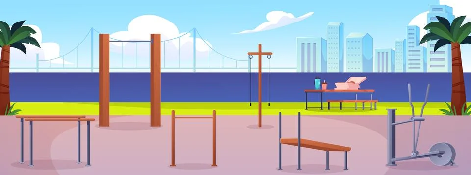 Street workout area vector flat illustration, cartoon physical activity sport Stock Illustration