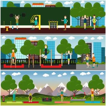 Street workout concept vector flat poster set Stock Illustration