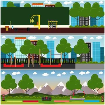 Street workout interior vector flat poster set Stock Illustration