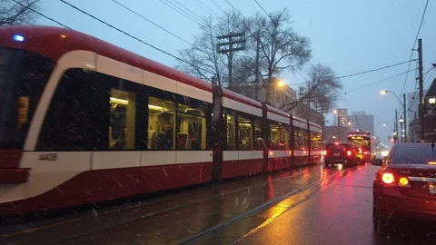 Streetcar in winter storm Stock Footage 102768667