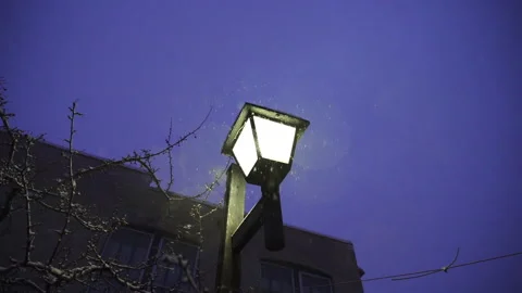 Streetlight at Night While Snowing Stock Footage 243128306