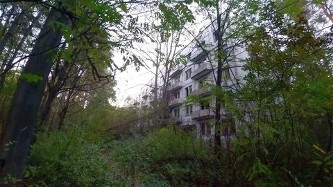 Streets and Buildings of Ghost Town Pripyat, Chernobyl Exclusion Zone, Ukraine Stock Footage 78839731