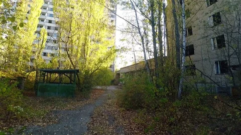 Streets and Buildings of Ghost Town Pripyat, Chernobyl Exclusion Zone, Ukraine Stock Footage 78840587