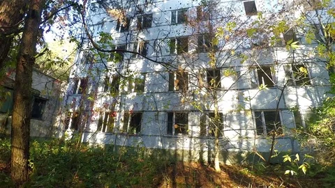 Streets and Buildings of Ghost Town Pripyat, Chernobyl Exclusion Zone, Ukraine Stock Footage 78842476